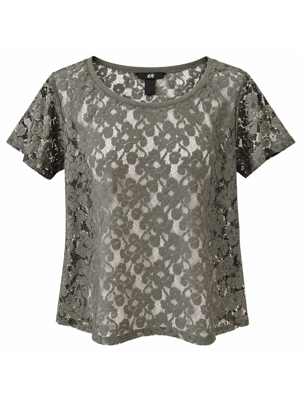 H&M Women’s Olive Green Floral Lace Sheer Short Sleeve Top Size L